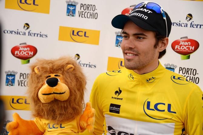 A smiling Tom Dumoulin (Giant-Shimano) resplendent in the Crit&eacute;rium International leader's jersey after winning the stage 2 time trial