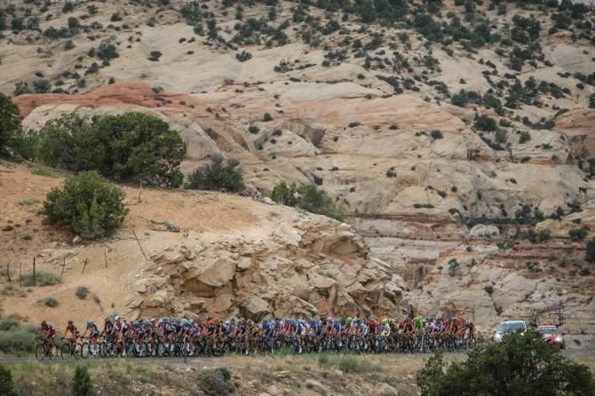 The peloton comes up the Hogs Back climb