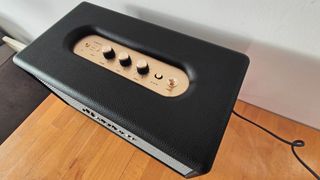 Marshall Stanmore III review: top control panel of speaker on wooden table