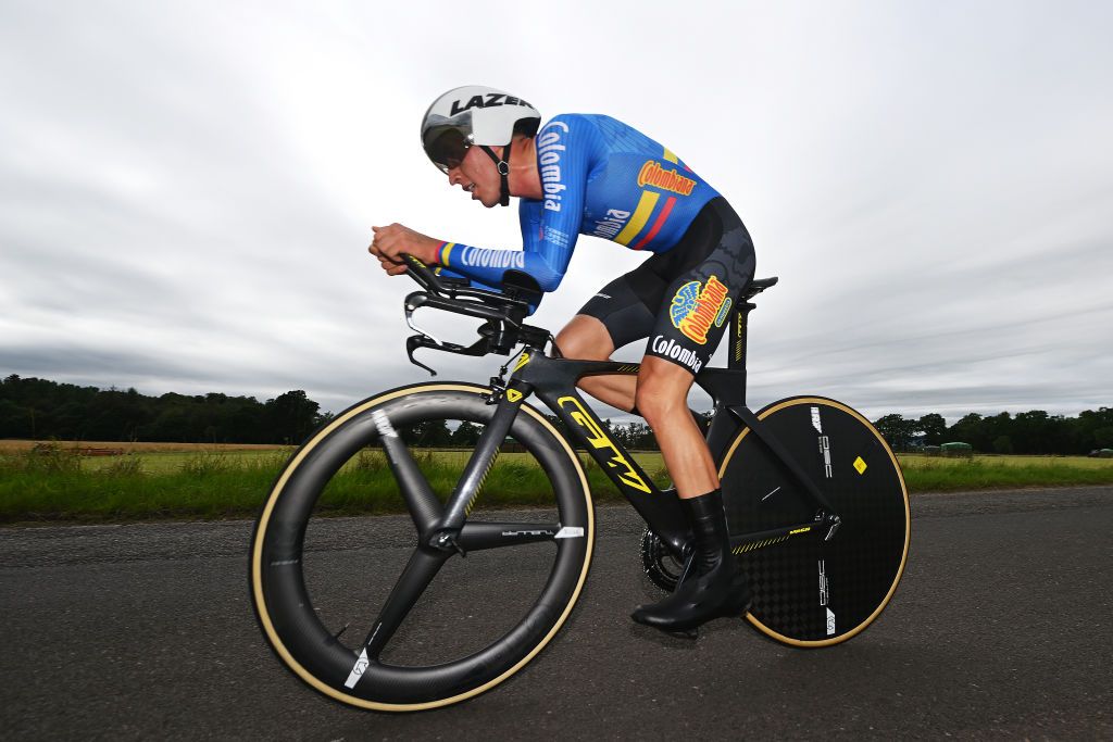 STIRLING SCOTLAND AUGUST 09 German Dario Gomez Becerra of Colombia sprints during the Men Under 23 Individual Time Trial a 362km race from Stirling to Stirling 80m at the 96th UCI Cycling World Championships Glasgow 2023 Day 7 UCIWT on August 09 2023 in Glasgow Stirling Photo by Dario BelingheriGetty Images