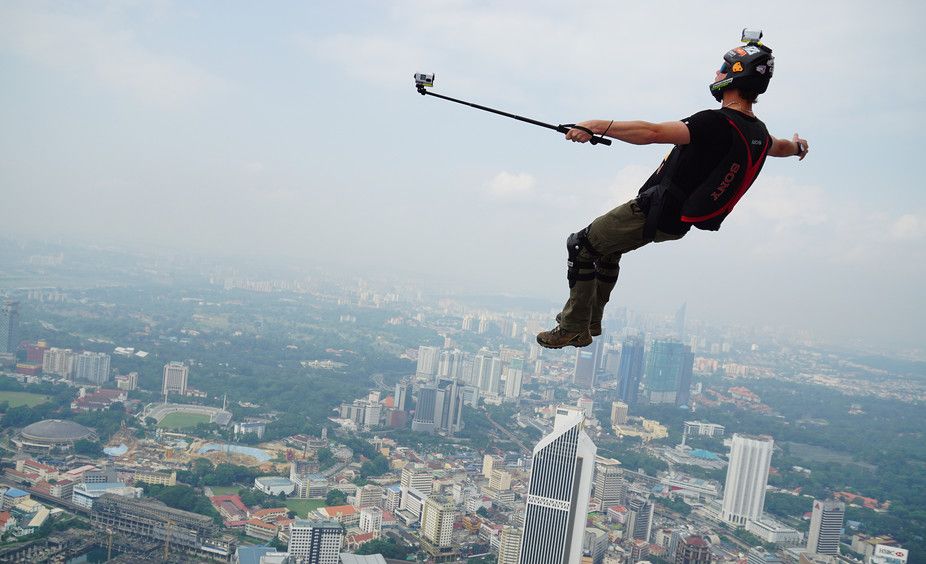 Base jumper with selfie stick