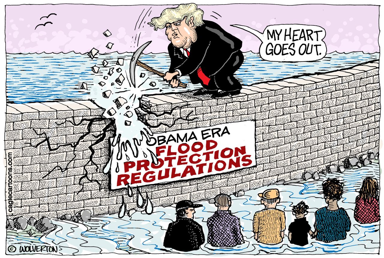 Political cartoon U.S. Trump Obama flood protection regulations