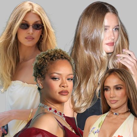 Rosie Huntington-Whiteley, bella hadid, jennifer lopez, and rihanna showing off her honey blonde hair.