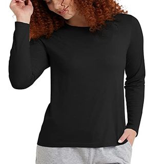 Hanes Comfortblend Women's Size Originals Long-Sleeve T-Shirt, Tri-Blend Lightweight Jersey Tee, Curved Hem, Available in Plus, Black