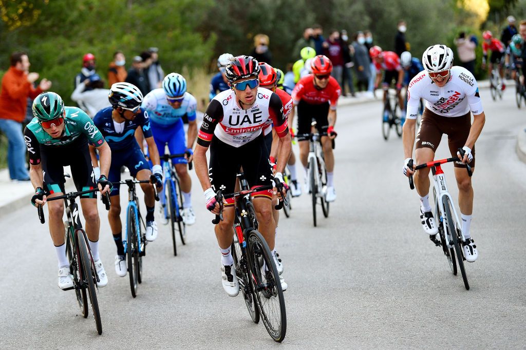 ANDRATX SPAIN JANUARY 29 LR Aleksander Vlasov of Russia and Team Bora Hansgrohe Brandon Mcnulty of United States and UAE Team Emirates and Felix Gall of Austria and Ag2R Citroen Team compete in the breakaway during the 31st Challenge Ciclista Mallorca 2022 Trofeo Pollena Port d Andratx a 170 km race from Pollena to Andratx 214m ChallengeMallorca on January 29 2022 in Andratx Spain Photo by Dario BelingheriGetty Images