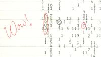 A scan of a color copy of the original computer printout, taken several years after the 1977 arrival of the Wow! signal.