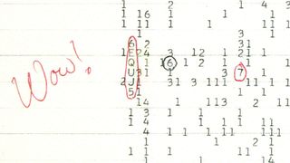 A scan of a color copy of the original computer printout, taken several years after the 1977 arrival of the Wow! signal.