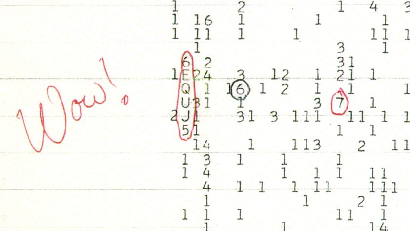 A scan of a color copy of the original computer printout, taken several years after the 1977 arrival of the Wow! signal.