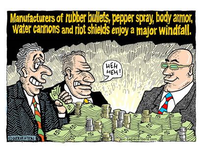 Editorial cartoon riot gear corporate windfall