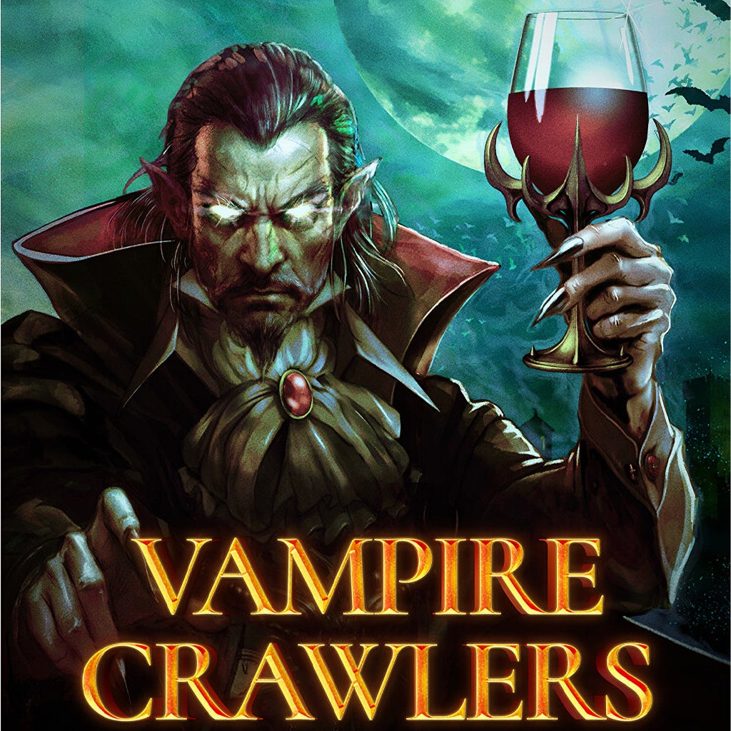 Eerie vampire with glowing eyes and pointed ears holding a goblet of blood-red wine. Bats fly across a full moon. Text below reads "Vampire Crawlers."