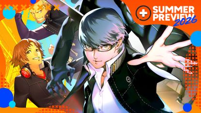 Key art for Persona 4 Revival showing the party of characters posing in a stack in front of a blue and yellow-tinted Inaba, with the orange GamesRadar+ Summer Preview 2026 frame