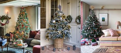 Three examples of christmas tree topper ideas. Christmas tree in modern living room, christmas tree outside front door, christmas tree in cozy living room 
