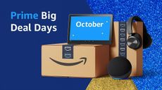 a stack of amazon delivery boxes with an echo show on top which says prime big deal days october