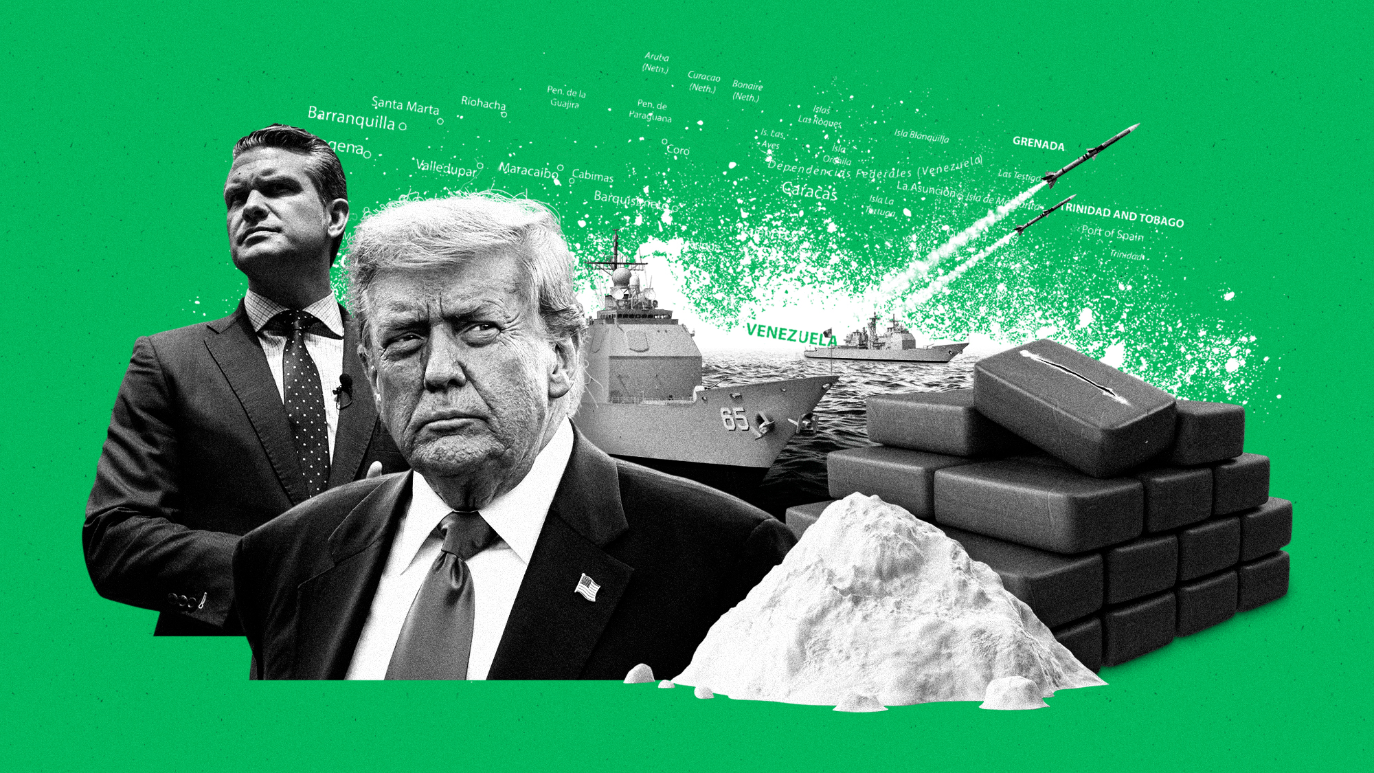 Photo composite illustration of Donald Trump, Pete Hegseth, cocaine bricks and US Naval destroyers in the Caribbean