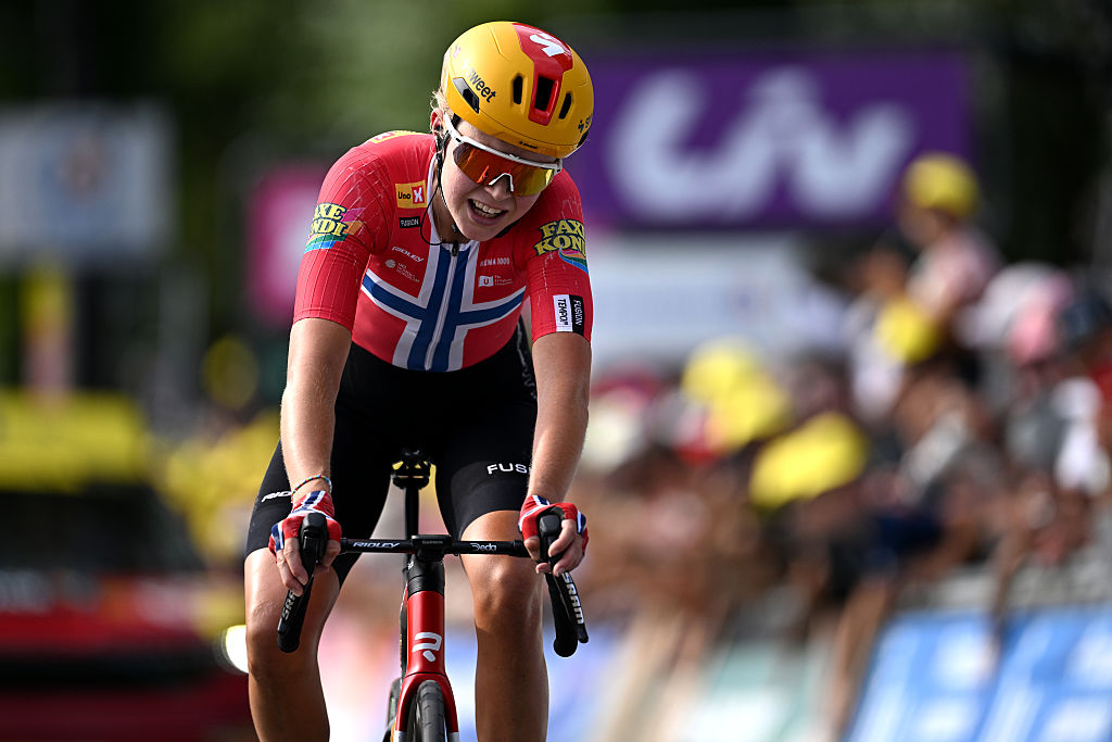 POLIGNY, FRANCE - AUGUST 03: Sigrid Ytterhus Haugset of Norway and Team Uno-X Mobility celebrates at finish line as stage winner during the 5th Tour de France Femmes 2026 - Stage 3 a 156.5km stage from Geneva to Poligny / #UCIWWT / on August 03, 2026 in Poligny, France. (Photo by Tim de Waele/Getty Images)