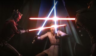 Maul and Savage fighting Obi-Wan in The Clone Wars
