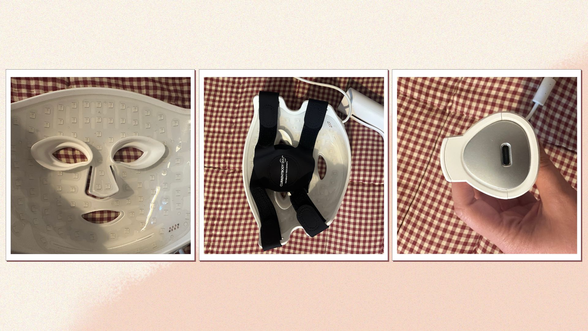 Three images of the CurrentBody LED Face Mask: Series 2 - close-in of the eye protectors, the adjustable strap and the charging port
