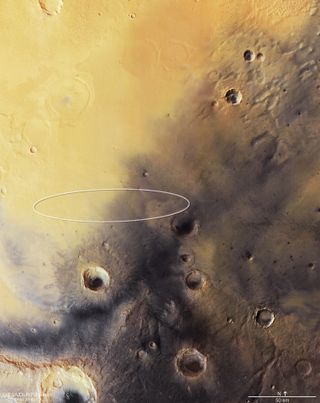The landing ellipse of Schiaparelli is shown in this picture (its Meridiani Planum target is circled) from ExoMars