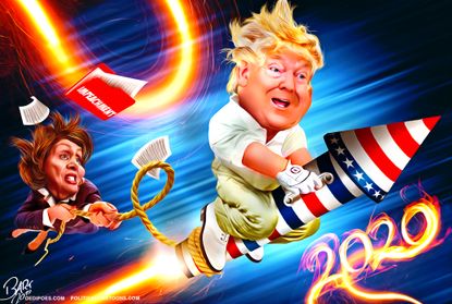 Political Cartoon U.S. Trump 2020 Rocket Pelosi Pulling Impeachment Rope