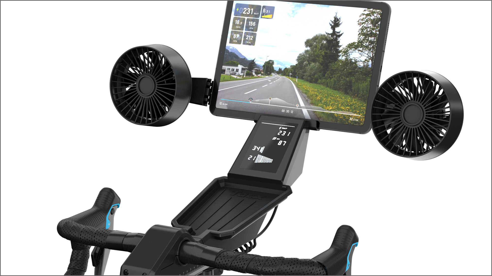 Garmin Tacx Neo Bike Plus with a tablet and the Tacx training app