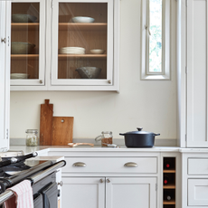 Neatly set between the two original slim windows is this elegant cupboard, which houses coffee machine and smoothie behind its smooth-opening bifold doors. The drawers are extra deep, allowing for very generous workspace on top for easy smoothie making. Meanwhile all of the drawers in the kitchen including these have heavy duty runners 