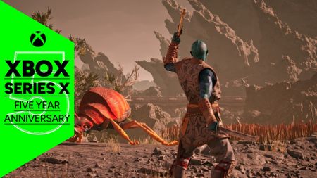 Avowed screenshot showing companion Kai taking aim at a giant beetle-like creature, the banner for Xbox Series X five year anniversary is on the left-hand side 