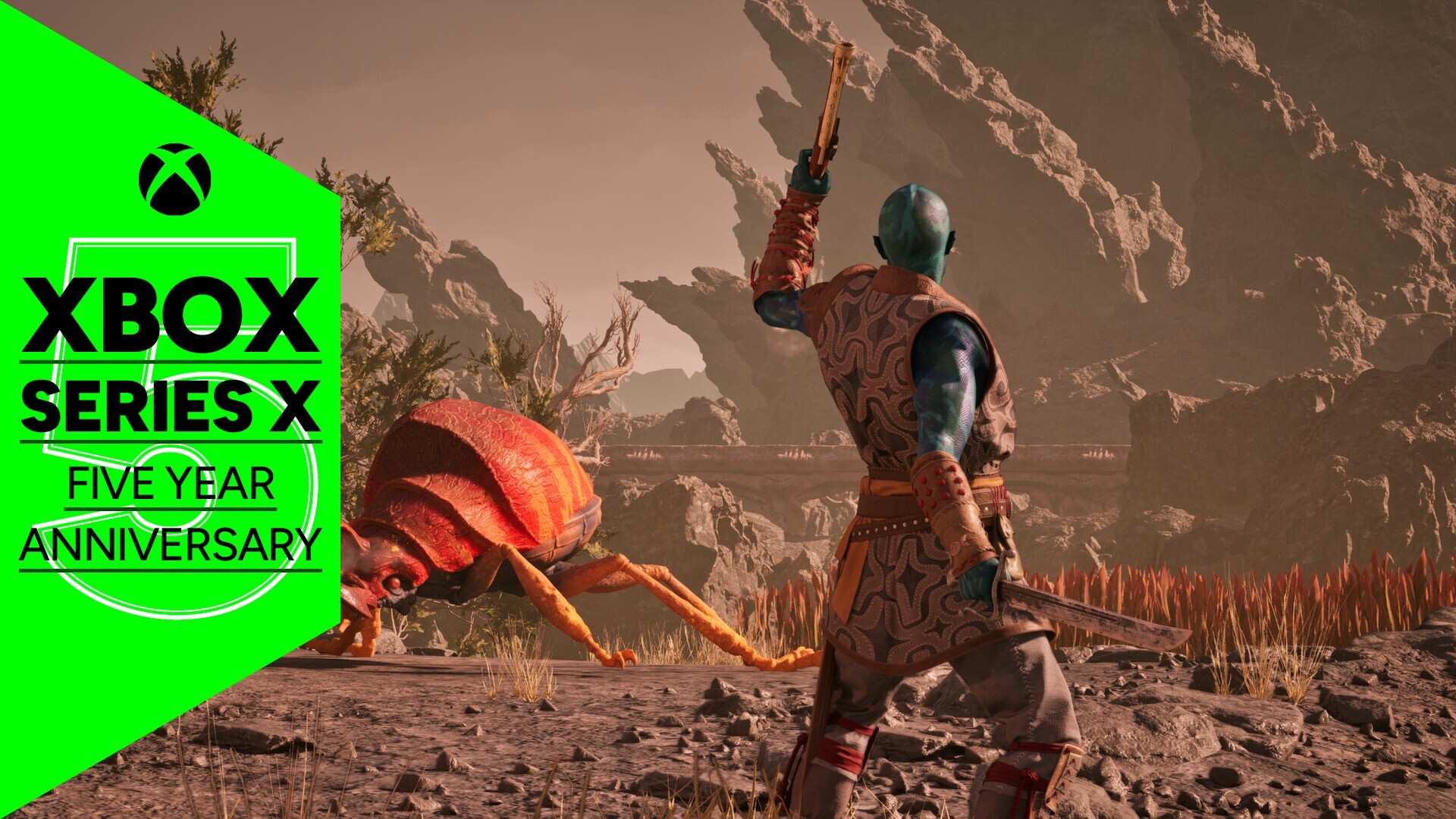 Avowed screenshot showing companion Kai taking aim at a giant beetle-like creature, the banner for Xbox Series X five year anniversary is on the left-hand side