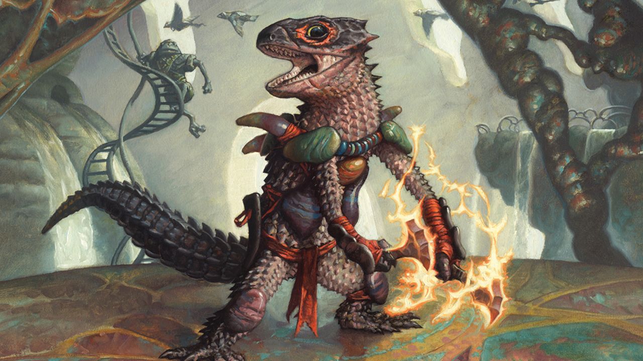 A lizard roars in a toadstool village with frogs on ladders in Bloomburrow