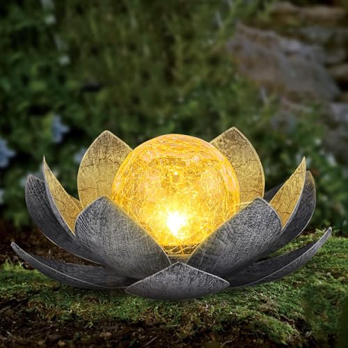 Garden Solar Light Outdoor(2pack), Amber Crackle Globe Glass Lotus Decoration, Waterproof Gary Metal Led Flower Lights for Patio,lawn,walkway,tabletop, Garden Gifts for Women