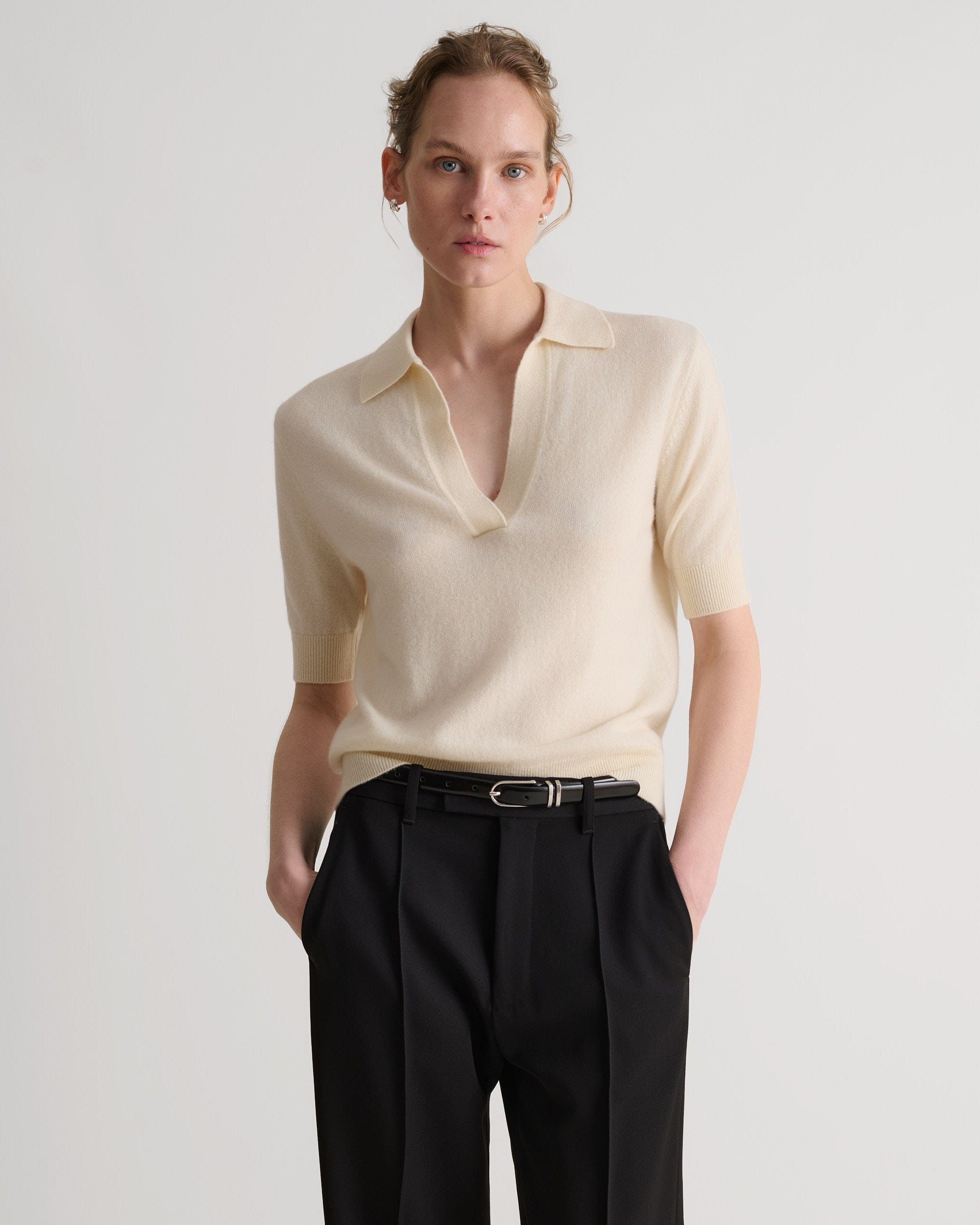 Rise &amp; Fall, Women's Finest Cashmere Open Collar Polo - Buttermilk - Buttermilk / Xs