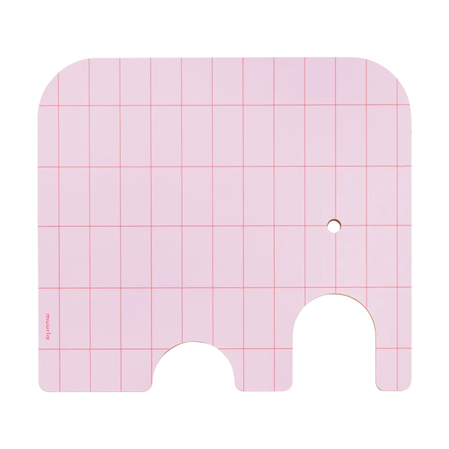A pink elephant-shaped cutting board with a reddish-orange grid