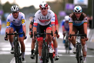 OUDENAARDE BELGIUM OCTOBER 18 Arrival Yves Lampaert of Belgium and Team Deceuninck QuickStep Alexander Kristoff of Norway and UAE Team Emirates Oliver Naesen of Belgium and Team Ag2R La Mondiale during the 104th Tour of Flanders 2020 Ronde van Vlaanderen Men Elite a 2433km race from Antwerpen to Oudenaarde RVV20 FlandersClassic on October 18 2020 in Oudenaarde Belgium Photo by Luc ClaessenGetty Images