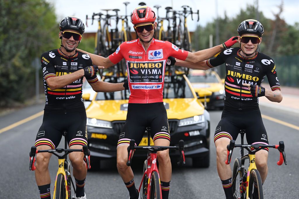 Top three on GC (l-r): third place Primož Roglič, winner Sepp Kuss and second place Jonas Vingegaard - all Jumbo-Visma