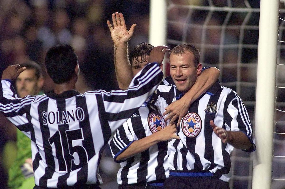 Alan Shearer celebrates a goal for Newcastle United in 1999