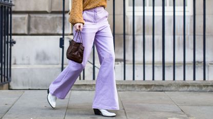 Shades of Blue: Sienna Miller's Wide Leg Pants and Mules Look for