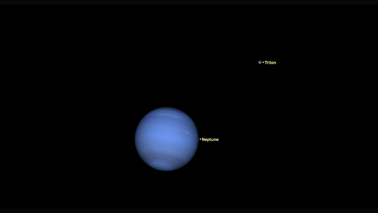 An image of the planet Neptune in outer space with its moon Triton to the upper right.