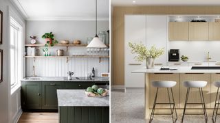 collage of two kitchens showcasing texted cabinets and walls to highlight a kitchen trend of 2025