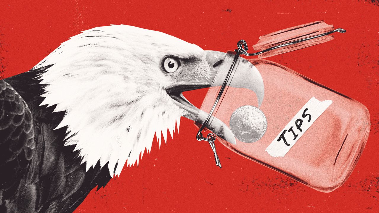 Illustration of a bald eagle picking the coin from a tip jar