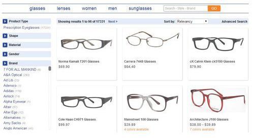 On Eyeglasses.com, you can narrow your search by choosing certain brand names like Calvin Klein.