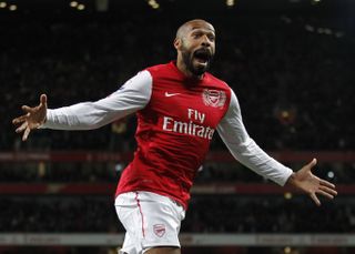 Thierry Henry, on loan from New York Red Bulls, scores for Arsenal against Leeds United in the FA Cup in January 2012.