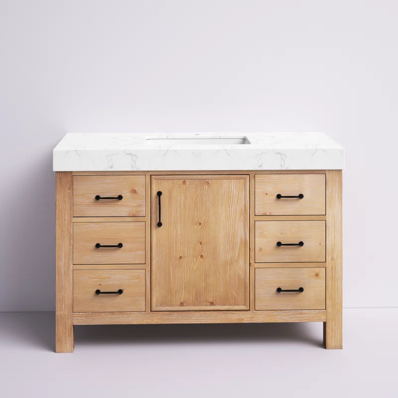 Wooden bathroom vanity with marble top