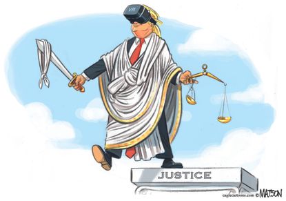 Political cartoon U.S. Trump Justice Department virtual reality scandal