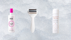 Mama Mio cooling leg spray, CurrentBody cryo skin roller and avene face mist on grey background