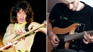 LEFT: Eddie Van Halen plays his custom Steinberger guitar at Cobo Arena during Van Halen's "1984 Tour" on April 6, 1984, in Detroit, Michigan. RIGHT: Ilya Franciosi plays EVH's "Beat It" solo on fretless guitar in this screengrab from his YouTube video