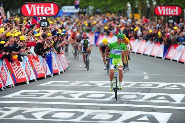 Peter Sagan (Liquigas-Cannondale) does a little dance to celebrate