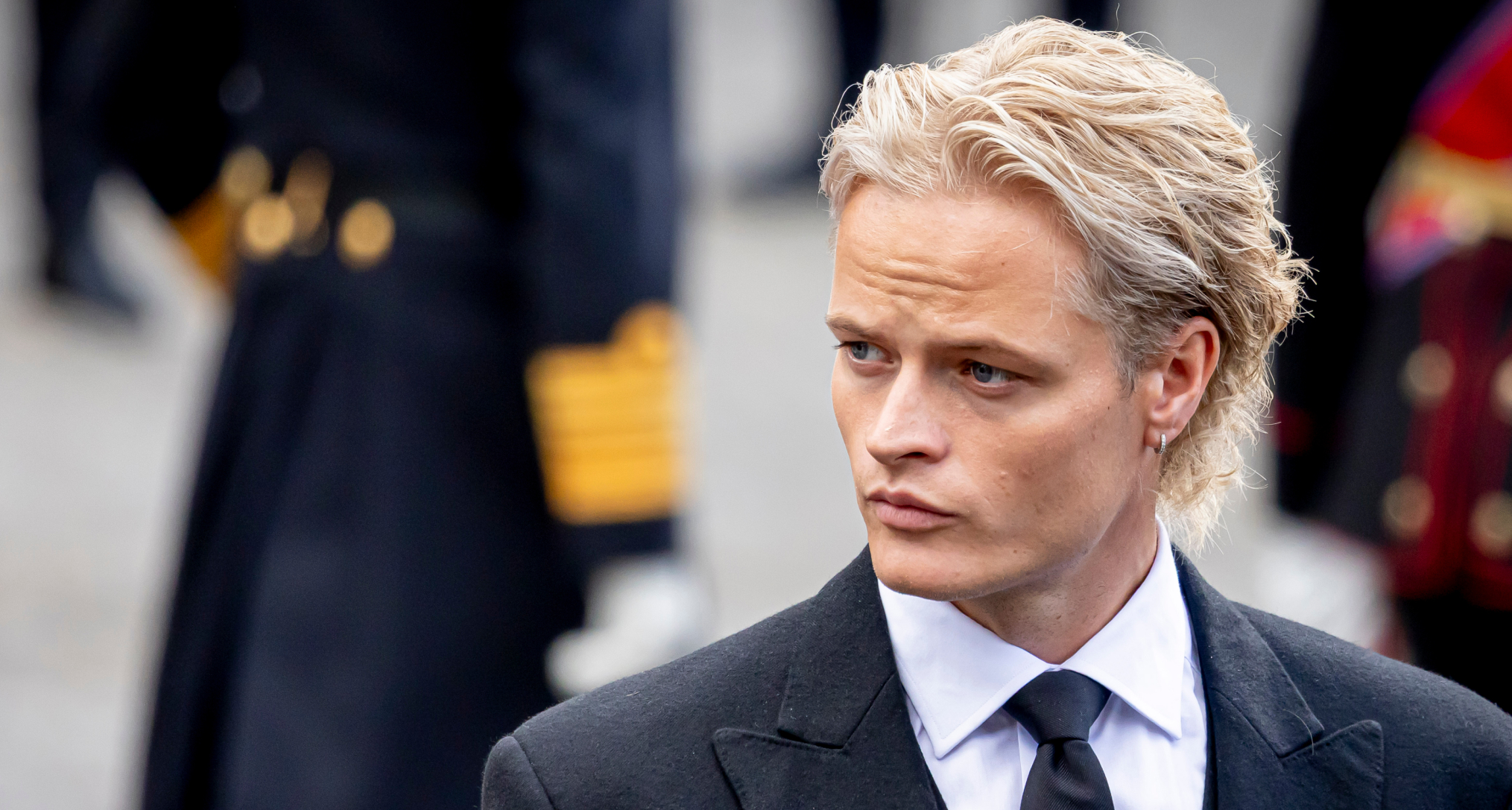 Marius Borg Hoiby wearing a suit at King Harald's funeral