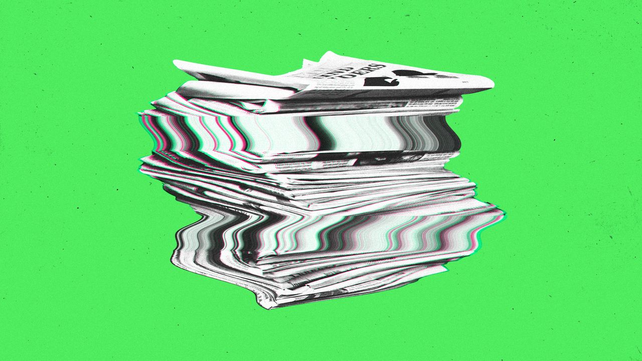 Illustration of a newspaper stack glitching and warping