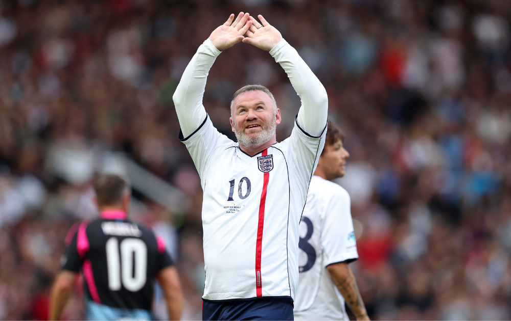 Wayne Rooney of England celebrates scoring his team's first goal during Soccer Aid 2025 at Old Trafford on June 15, 2025 in Manchester, England. 
