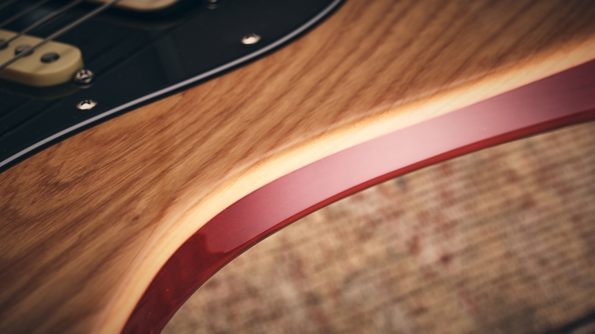 Close up of the join of swamp ash and alder woods on the Sire Larry Carlton S7 Ash Top electric guitar