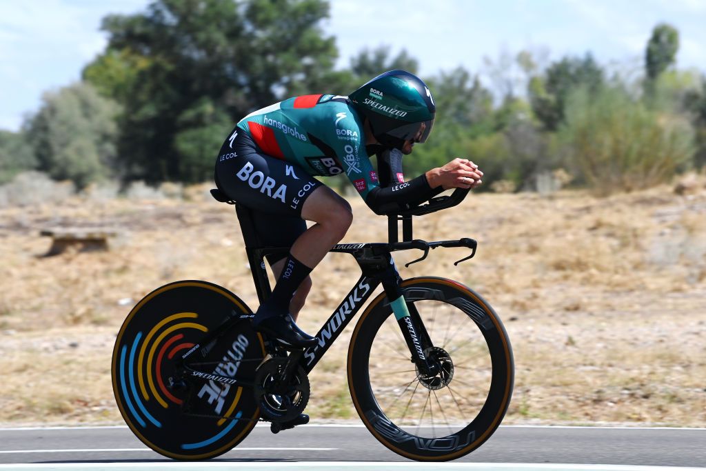VALLADOLID SPAIN SEPTEMBER 05 Nico Denz of Germany and Team BORA Hansgrohe sprints during the 78th Tour of Spain 2023 Stage 10 a 258km individual time trial stage from Valladolid to Valladolid UCIWT on September 05 2023 in Valladolid Spain Photo by Tim de WaeleGetty Images